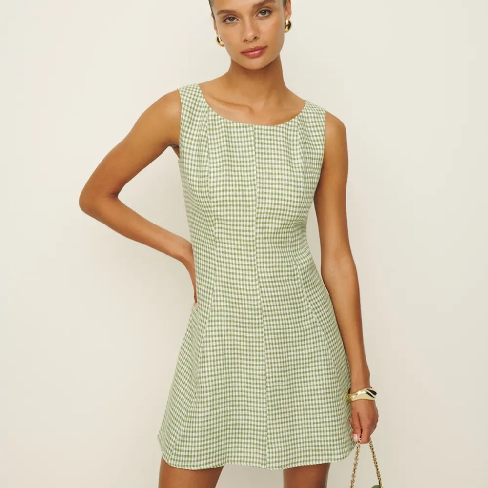 Reformation Amorette Linen Dress Avocado Check - Size 6
